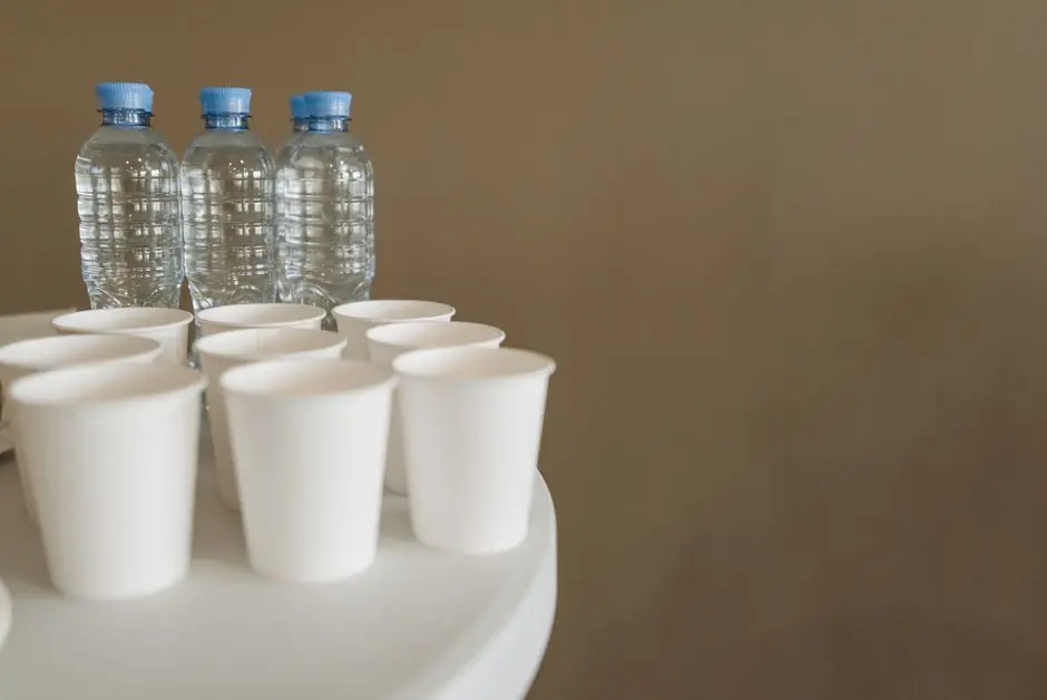 Meja kerja dengan botol minum dan makanan sehat